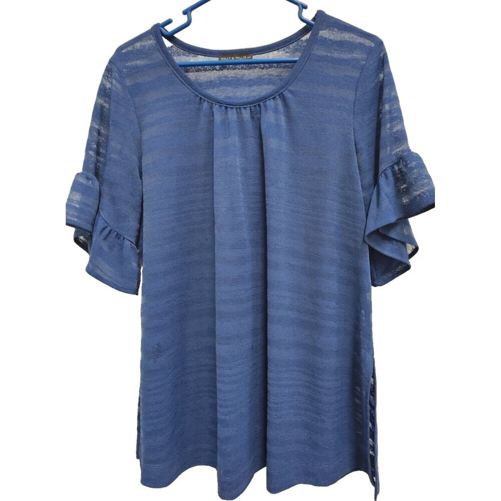Nally & Millie Werable Art Tunic Top Large Blue Burnout Striped Ruffle Sleeve